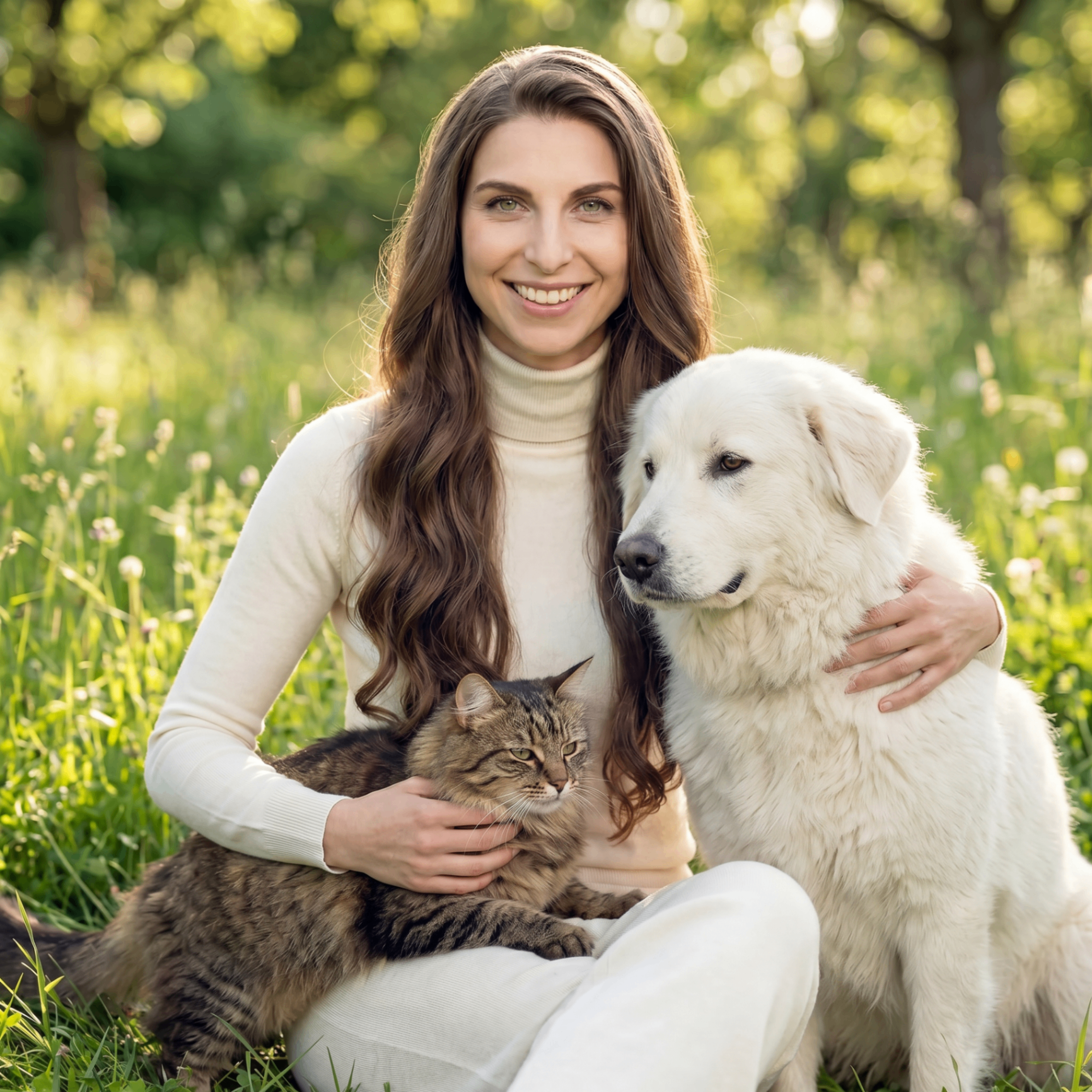 Tierheilpraktikerin mit getigerter Katze und Maremmano-Schäferhund im Garten